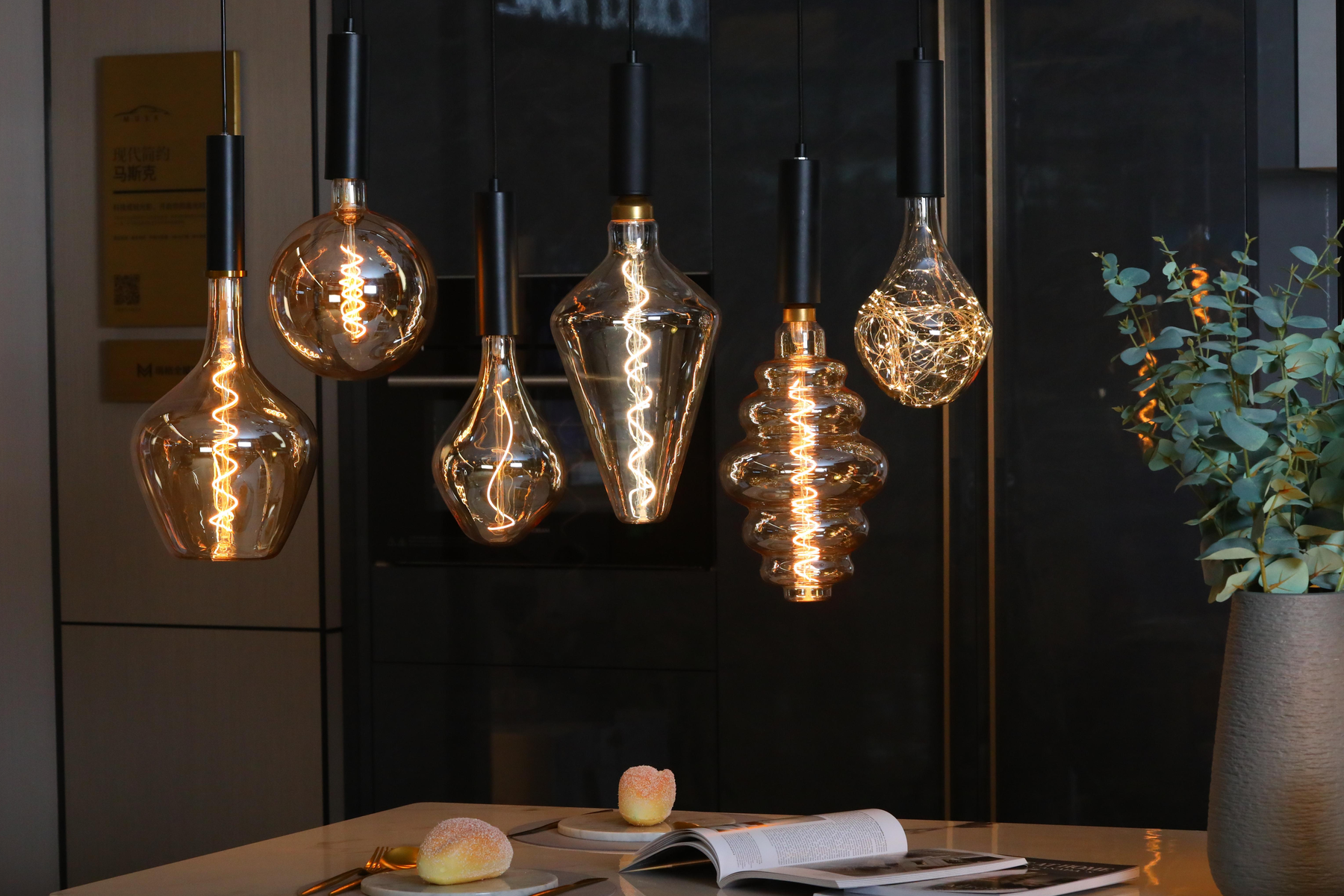 Directional LED track lights in a modern commercial space
